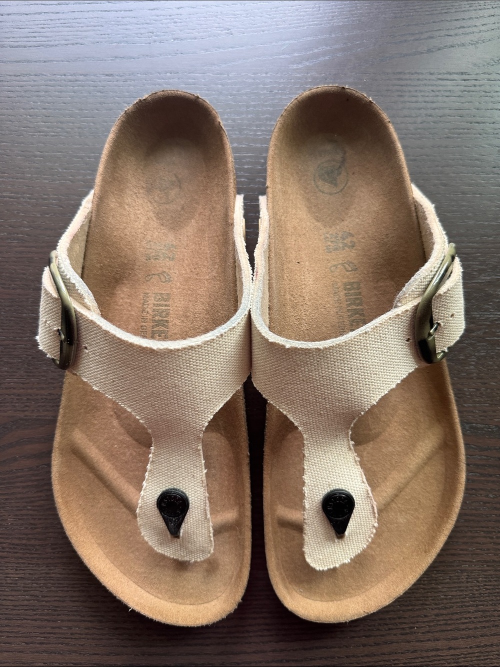 Birkenstock Gize Big Buckle Vegan Beige Canvas Thong Sandals
